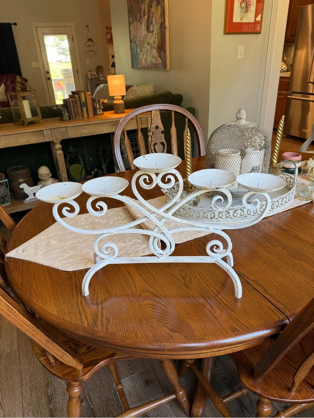 Vintage Cast Iron White Farmhouse 5-Arm Candle Holder with Genuine Patina